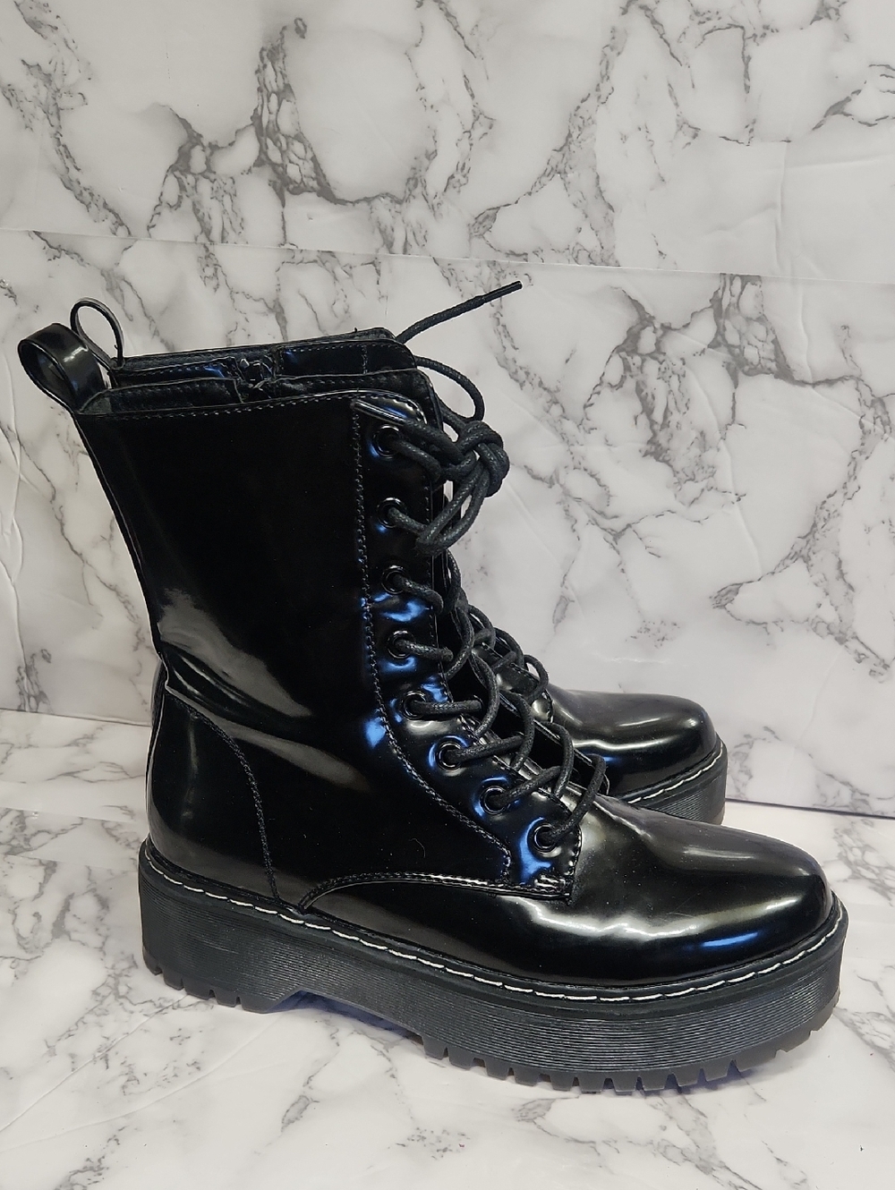 UNIONBAY Black Patent Lace-Up Platform Combat Boots